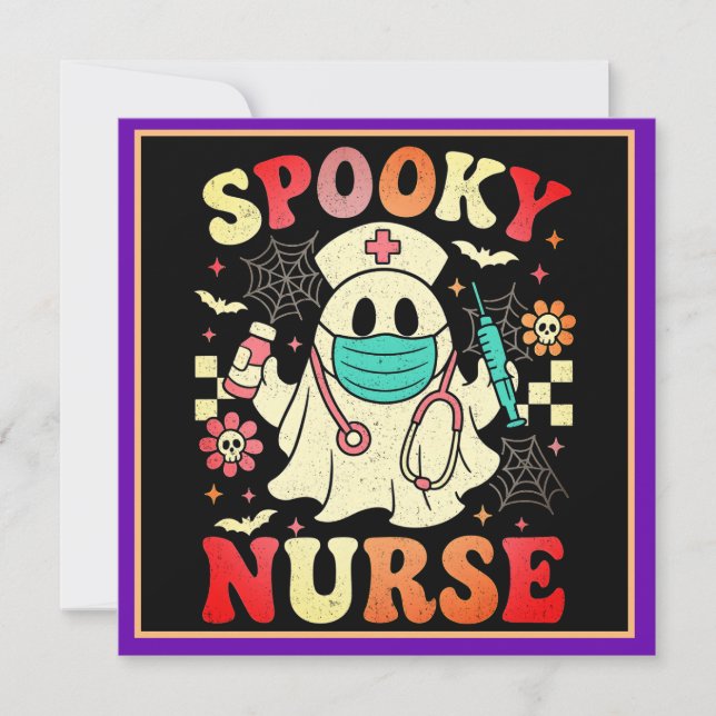 Cute Ghost Nurse Halloween Graphic Retro Pastels Holiday Card (Front)