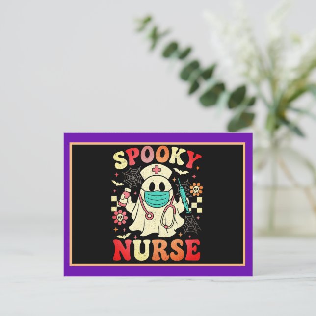 Cute Ghost Nurse Halloween Graphic Retro Pastels Postcard (Standing Front)