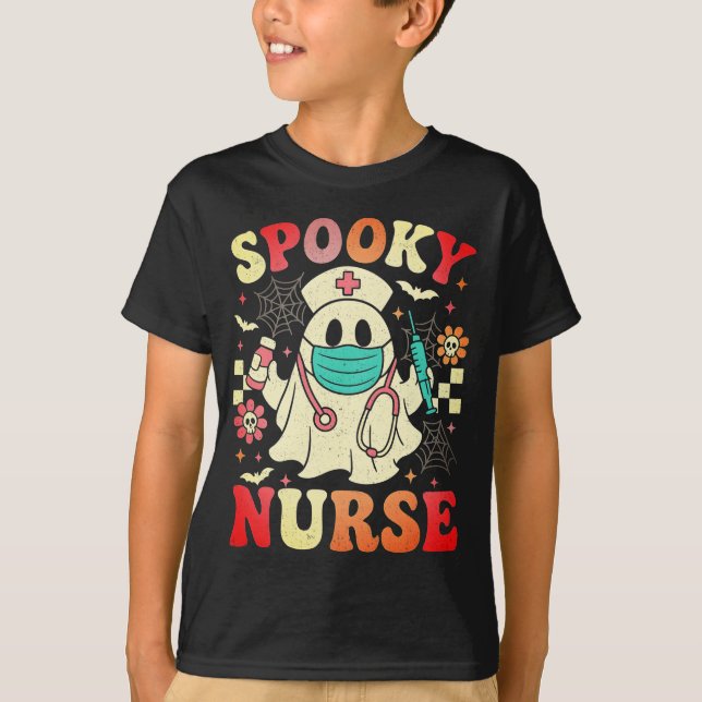 Cute Ghost Nurse Halloween Graphic Retro Pastels T-Shirt (Front)