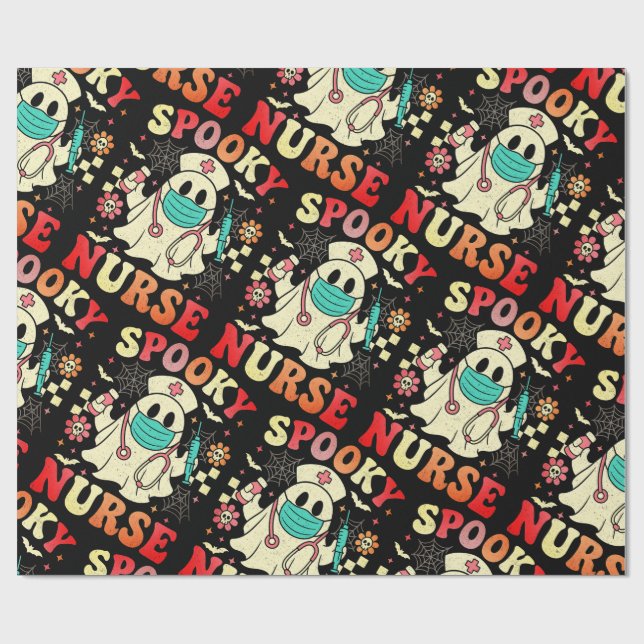 Cute Ghost Nurse Halloween Graphic Retro Pastels Wrapping Paper (Flat)
