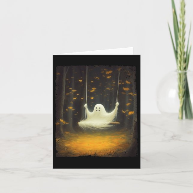 Cute Ghost On A Swing Fall Forest Funny Halloween  Card (Front)