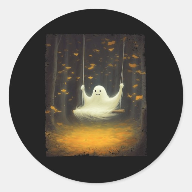 Cute Ghost On A Swing Fall Forest Funny Halloween  Classic Round Sticker (Front)