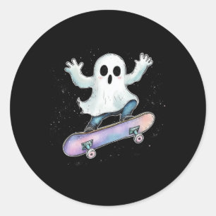 Cute Ghost On Skateboard Funny Halloween Skater Classic Round Sticker