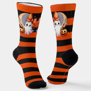 Cute Ghost Orange & Black Stripe Halloween Socks