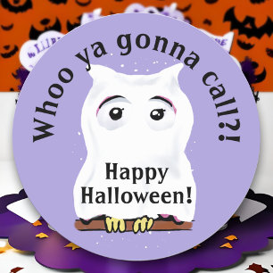 Cute Ghost Owl Halloween Pun Whoo Ya Gonna Call Classic Round Sticker