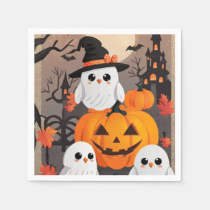 Cute Ghost Owls & Pumpkins Spooky Halloween Napkin