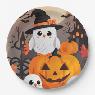 Cute Ghost Owls & Pumpkins Spooky Halloween Paper Plate