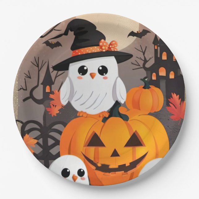 Cute Ghost Owls & Pumpkins Spooky Halloween Paper Plate (Front)