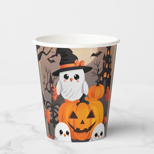 Cute Ghost Owls & Pumpkins Spooky Halloween Party Paper Cups (Front)