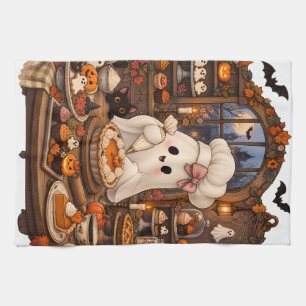 Cute Ghost Pastry Chef Halloween Haunted Bakery Tea Towel