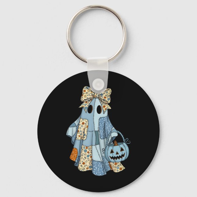 Cute Ghost Patchwork Coquette Bow Halloween Costum Key Ring (Front)