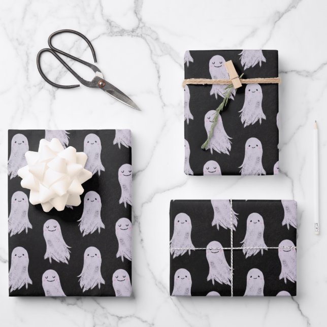 Cute Ghost Pattern Halloween Wrapping Paper Sheet (Front)