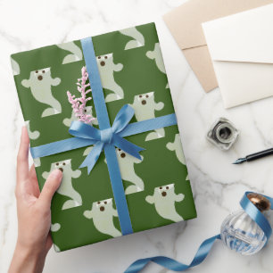 Cute Ghost Pattern on Dark Green Wrapping Paper