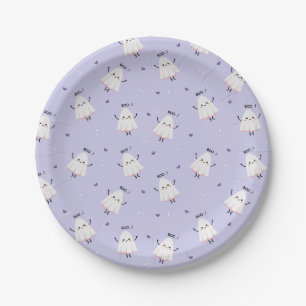 Cute Ghost Pattern with "Boo!" Text on Lavender Paper Plate