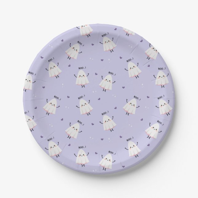 Cute Ghost Pattern with "Boo!" Text on Lavender Paper Plate (Front)