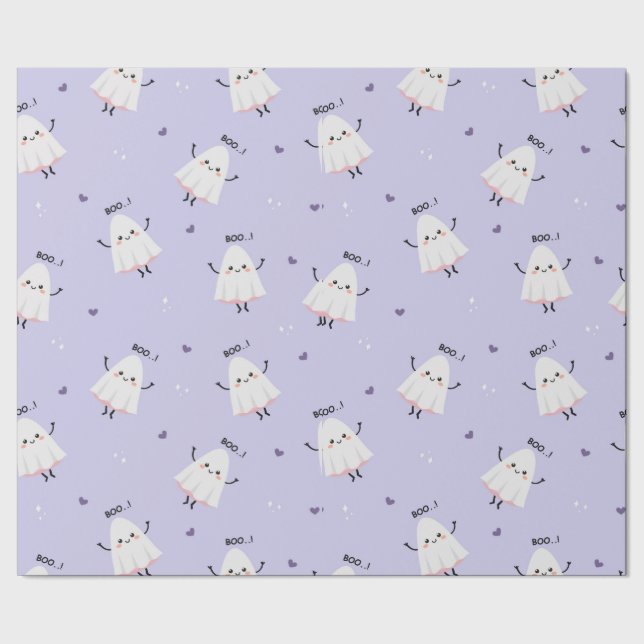 Cute Ghost Pattern with "Boo!" Text on Lavender Wrapping Paper (Seam)