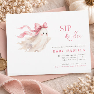 Cute Ghost Pink Bow Baby Girl Sip And See Invitation