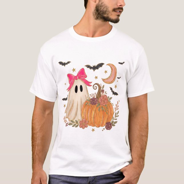 Cute Ghost Pink Bow Halloween T-Shirt (Front)