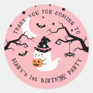 Cute Ghost Pink Halloween Birthday Party Thank You Classic Round Sticker