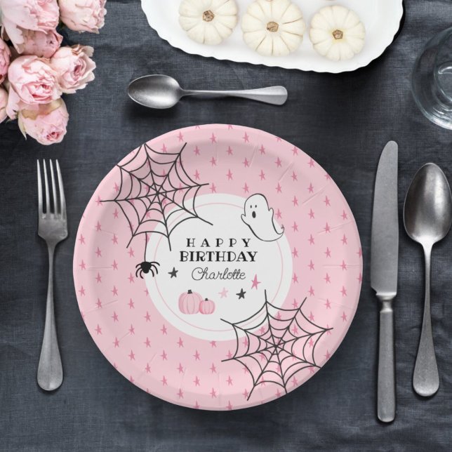 Cute Ghost Pink Halloween Happy Birthday Name Cake Paper Plate (Creator Uploaded)