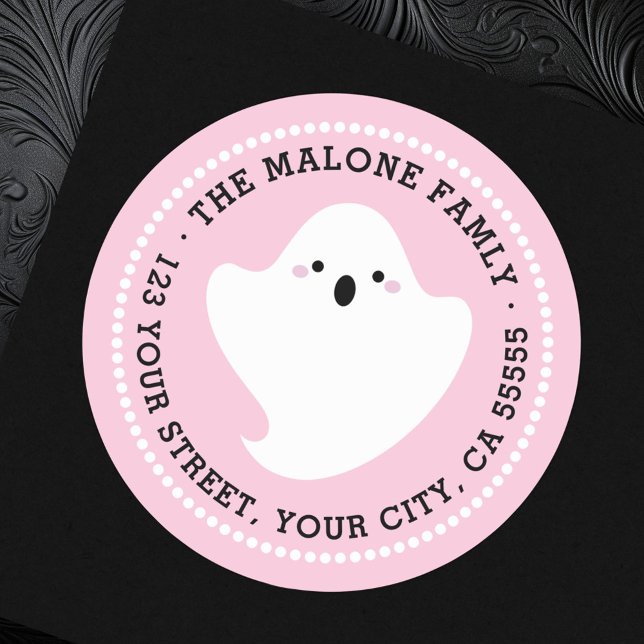 Cute ghost pink Halloween return address Classic Round Sticker (Cute ghost pink Halloween return address Classic Round Sticker)