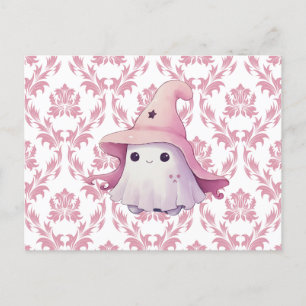 Cute Ghost Pink Witch's Hat Pink & White Halloween Holiday Postcard