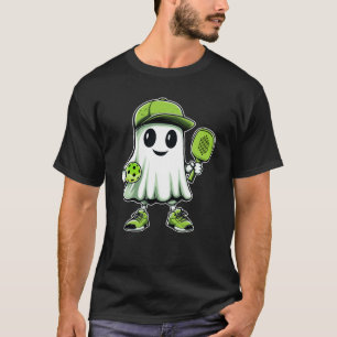Cute Ghost Playing Pickleball Halloween Paddleball T-Shirt