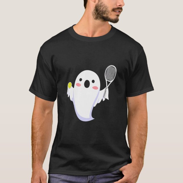 Cute Ghost Playing Tennis  Halloween Tennis Ghost T-Shirt (Front)