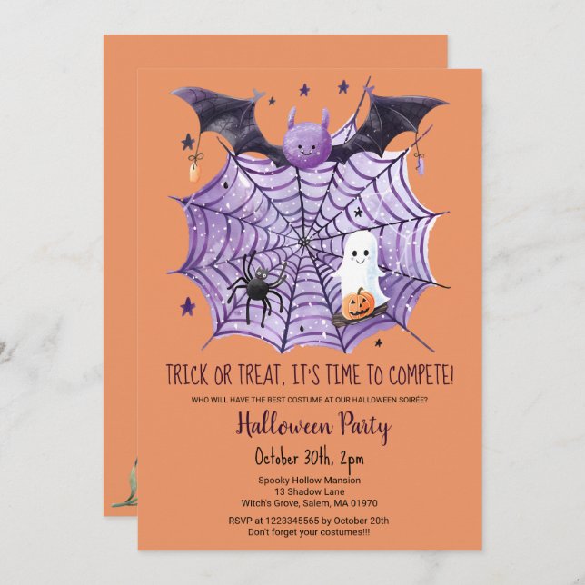 Cute Ghost Pumpkin Bat Spider Web Halloween party  Invitation (Front/Back)