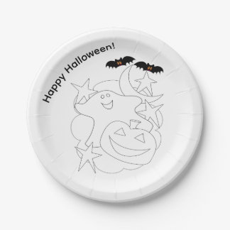 Cute Ghost Pumpkin Bats Colour Me Halloween Paper Plate