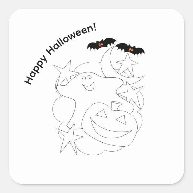 Cute Ghost Pumpkin Bats Colour Me Halloween Square Sticker (Front)