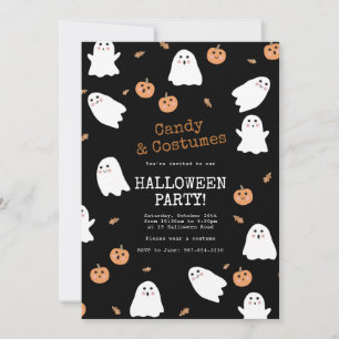 Cute Ghost & Pumpkin Black Halloween Party Invitation