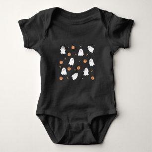 Cute Ghost & Pumpkin Black Halloween Pattern Baby Bodysuit