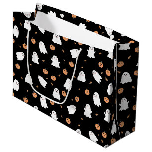 Cute Ghost & Pumpkin Black Halloween Pattern Large Gift Bag