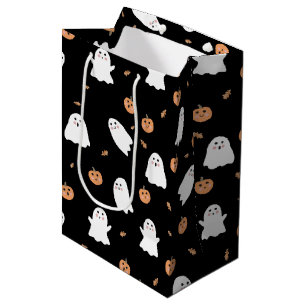 Cute Ghost & Pumpkin Black Halloween Pattern Medium Gift Bag