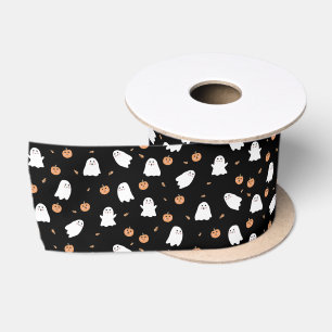 Cute Ghost & Pumpkin Black Halloween Pattern Satin Ribbon