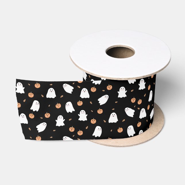 Cute Ghost & Pumpkin Black Halloween Pattern Satin Ribbon (Spool)