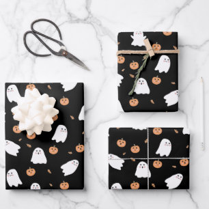 Cute Ghost & Pumpkin Black Halloween Pattern Wrapping Paper Sheet
