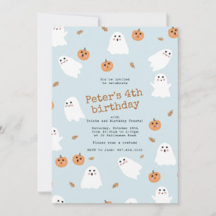 Cute Ghost & Pumpkin Blue Halloween Birthday Party Invitation