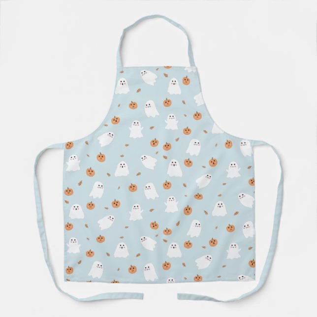 Cute Ghost & Pumpkin Blue Halloween Pattern Apron (Front)
