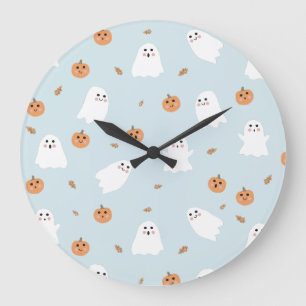 Cute Ghost & Pumpkin Blue Halloween Pattern Large Clock