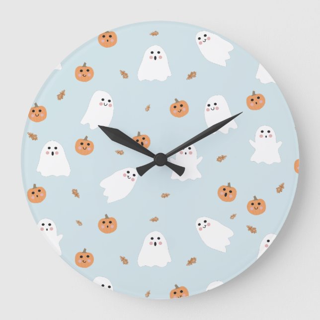 Cute Ghost & Pumpkin Blue Halloween Pattern Large Clock (Front)