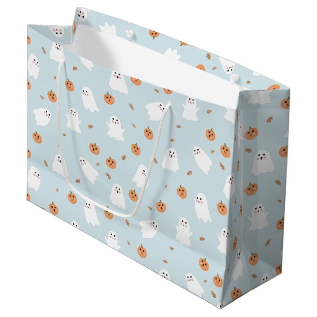 Cute Ghost & Pumpkin Blue Halloween Pattern Large Gift Bag (Front Angled)