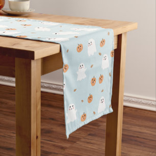 Cute Ghost & Pumpkin Blue Halloween Pattern Long Table Runner