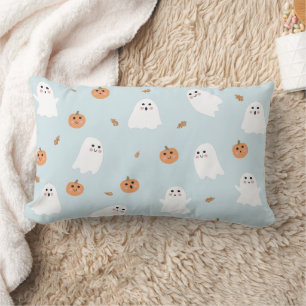 Cute Ghost & Pumpkin Blue Halloween Pattern Lumbar Cushion