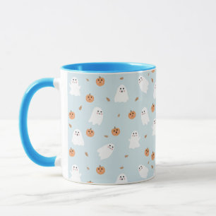 Cute Ghost & Pumpkin Blue Halloween Pattern Mug