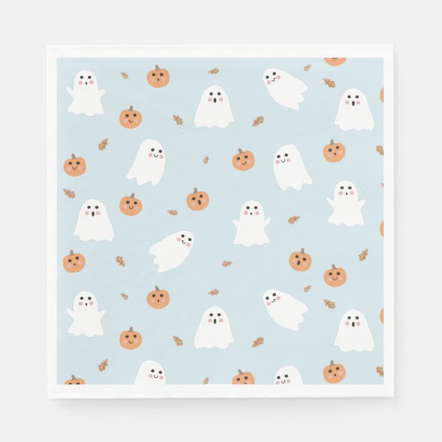 Cute Ghost & Pumpkin Blue Halloween Pattern Napkin (Front)