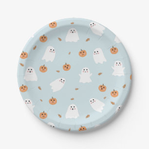 Cute Ghost & Pumpkin Blue Halloween Pattern Paper Plate