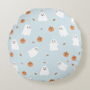 Cute Ghost & Pumpkin Blue Halloween Pattern Round Cushion