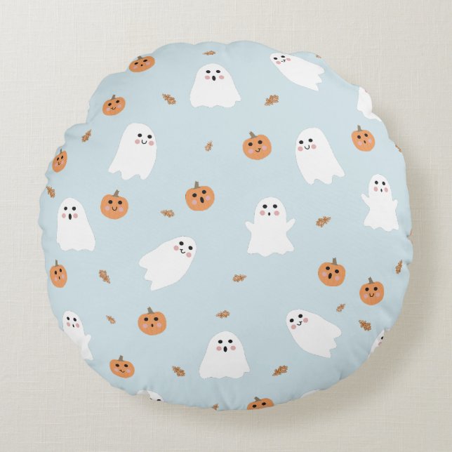 Cute Ghost & Pumpkin Blue Halloween Pattern Round Cushion (Front)